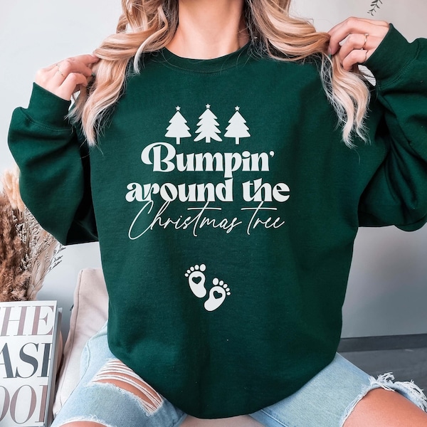 Bumpin Around the Christmas Tree Pregnancy Announcement Sweatshirt XMas Maternity Sweater Holiday Gender Reveal Jumper New Mom Baby Gift