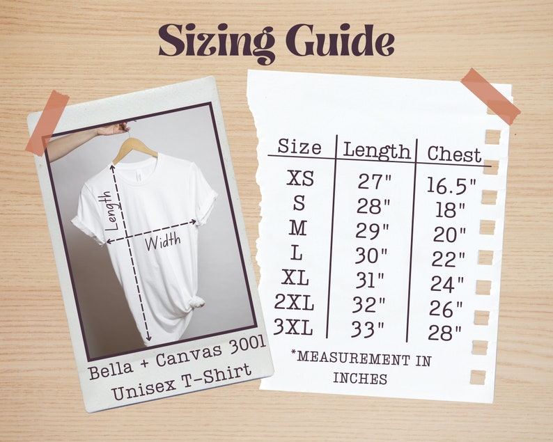 Puede incluir: Una tabla de tallas para una camiseta unisex Bella + Canvas 3001. La tabla muestra la talla, la longitud en pulgadas y la medida del pecho en pulgadas para las tallas XS a 3XL.