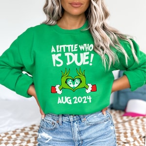 Bluza z nadrukiem Grinchmas Ciąża Ogłoszenie Bluza Świąteczna Ciążowy Sweter Świąteczny Prezent na Ujawnienie Płci dla Oczekujących Boże Narodzenie Baby Shower Okrągły Dekolt