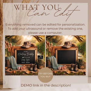 May include: A digital printable backdrop for a baby announcement photo shoot. The backdrop features a rustic wooden frame with a chalkboard inside. The chalkboard has the text "NEW Hunting Buddy Baby Taylor MAY 2024". There are also baby boots, a hat, and a small ultrasound image on the backdrop.