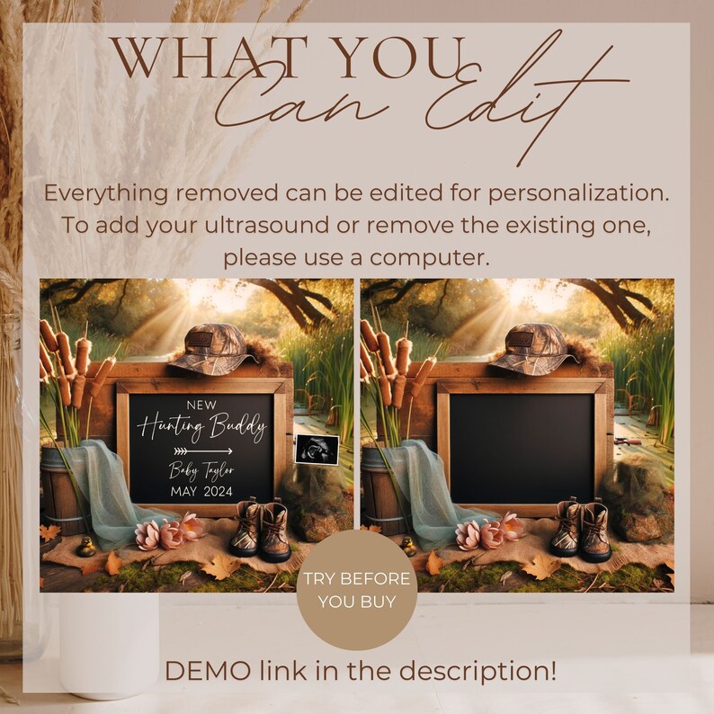 May include: A digital printable backdrop for a baby announcement photo shoot. The backdrop features a rustic wooden frame with a chalkboard inside. The chalkboard has the text "NEW Hunting Buddy Baby Taylor MAY 2024". There are also baby boots, a hat, and a small ultrasound image on the backdrop.