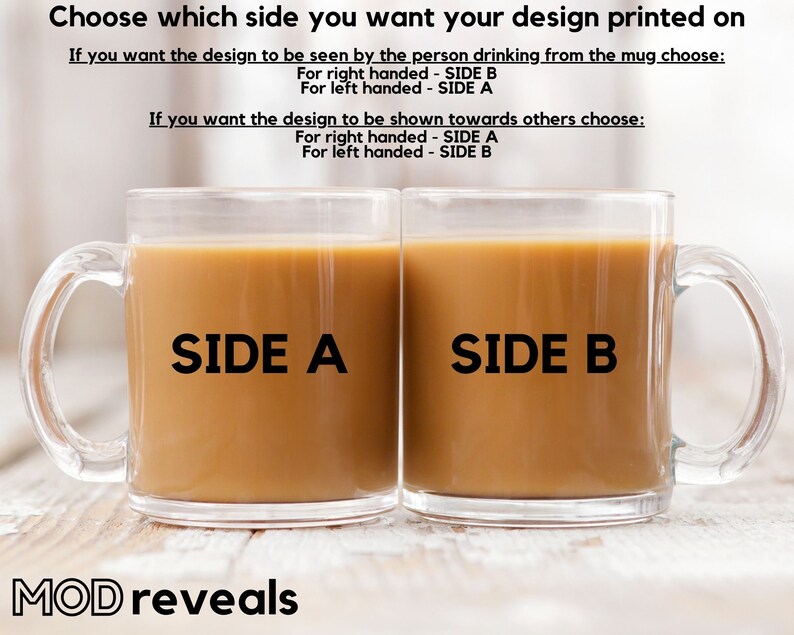 May include: Two clear glass mugs with handles, filled with coffee. The mugs are side-by-side on a wooden surface. The text "SIDE A" is printed on the left mug and "SIDE B" is printed on the right mug. The text "MOD reveals" is printed below the mugs.