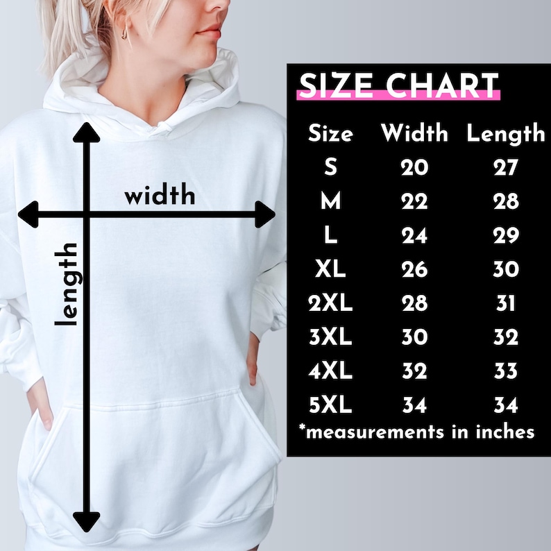 Op de afbeelding: Maattabel voor een hoodie met afmetingen in inches. De tabel toont de breedte en lengte van de hoodie in inches voor maten S tot en met 5XL.