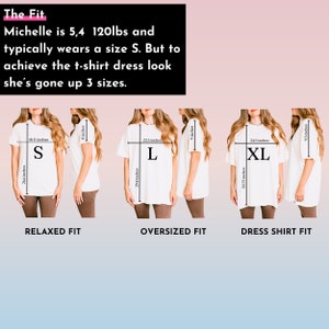 May include: A graphic showing the different fits of a t-shirt. The graphic shows a person wearing a size S, L, and XL t-shirt. The measurements of each shirt are included in inches. The text "The Fit" is at the top of the graphic. The text "Relaxed Fit", "Oversized Fit", and "Dress Shirt Fit" are below each shirt.