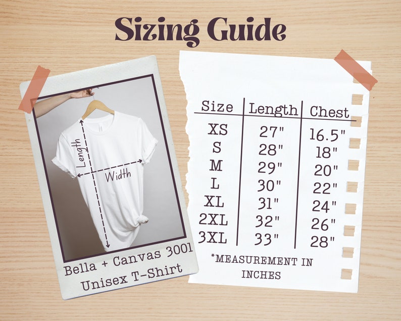 May include: A sizing chart for a Bella + Canvas 3001 Unisex T-Shirt. The chart shows the size, length in inches, and chest measurement in inches for sizes XS to 3XL.