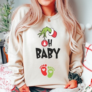 Bluza z nadrukiem Grinchmas Ciąża Ogłoszenie Bluza Świąteczna Ciążowy Sweter Świąteczny Prezent na Ujawnienie Płci dla Oczekujących Boże Narodzenie Baby Shower Okrągły Dekolt