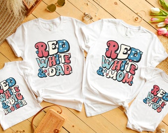 Rood Wit en twee bijpassende familieshirts, 4 juli 2e verjaardag outfit, vierde juli tweede verjaardag peuter Tee, bijpassende mama en papa Tee