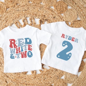 Custom Red White Two Birthday shirt Fourth of July 2nd Birthday Shirts Second Year Old Birthday Outfit Patriotic 4th of July Kid T-Shirt
