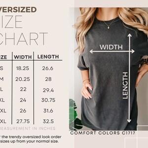 May include: Oversized size chart for a t-shirt with measurements in inches. The chart shows the width and length of the shirt in sizes S, M, L, XL, 2XL, and 3XL. The text "COMFORT COLORS C1717" is at the bottom of the chart.