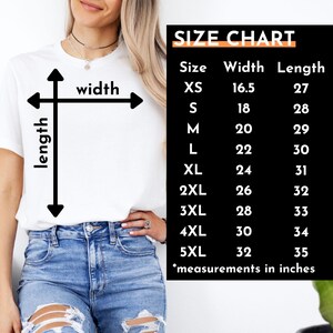 May include: Size chart for a t-shirt with measurements in inches. The chart shows the width and length of the shirt in inches for sizes XS to 5XL.
