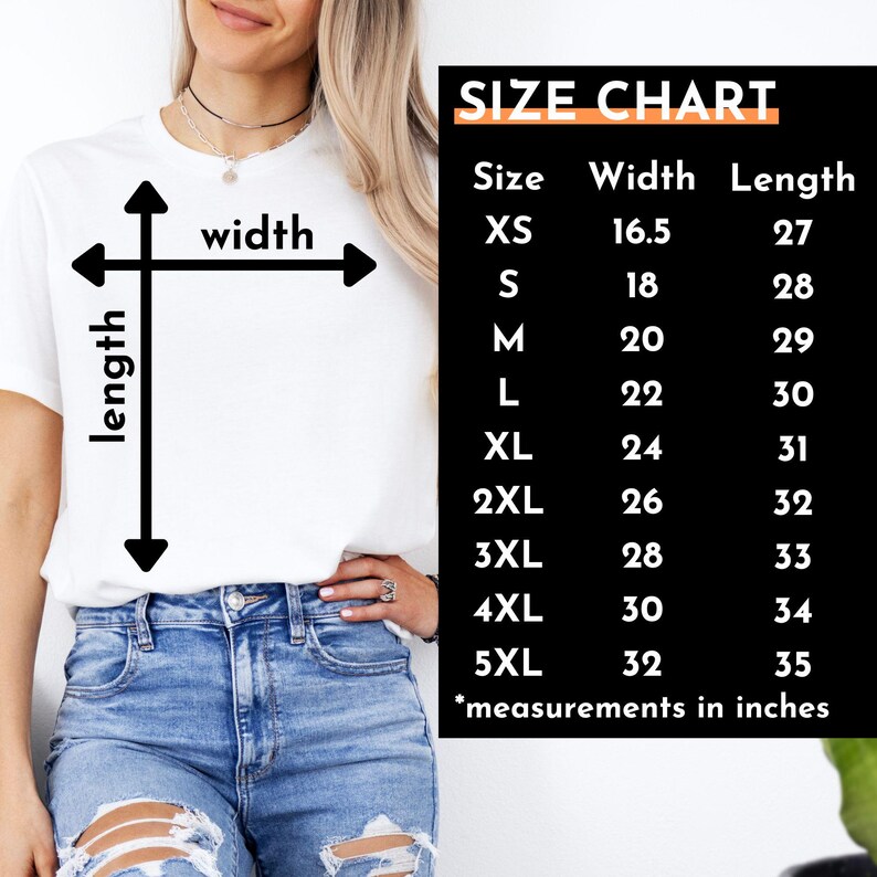May include: Size chart for a t-shirt with measurements in inches. The chart shows the width and length of the shirt in inches for sizes XS to 5XL.