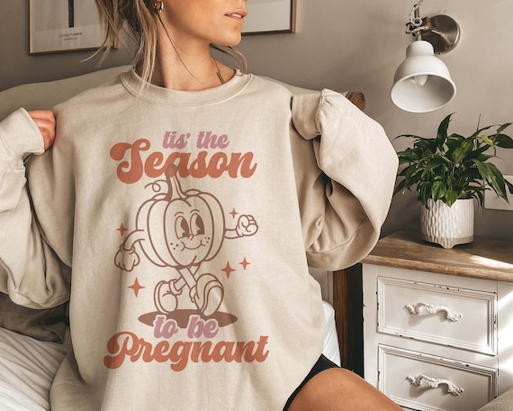 Retro Tis the Season to be Pregnant Sweatshirt Fall Pregnancy Announcement Sweater Halloween Maternity Crewneck Thanksgiving Baby Reveal