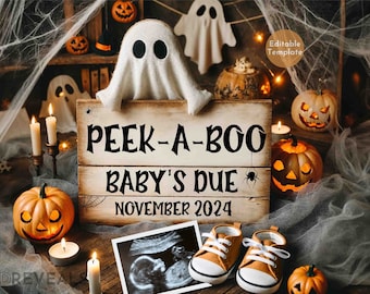 May include: A wooden sign with the text "Peek-a-Boo Baby's Due November 2024" surrounded by Halloween decorations, including a ghost, pumpkins, and candles.