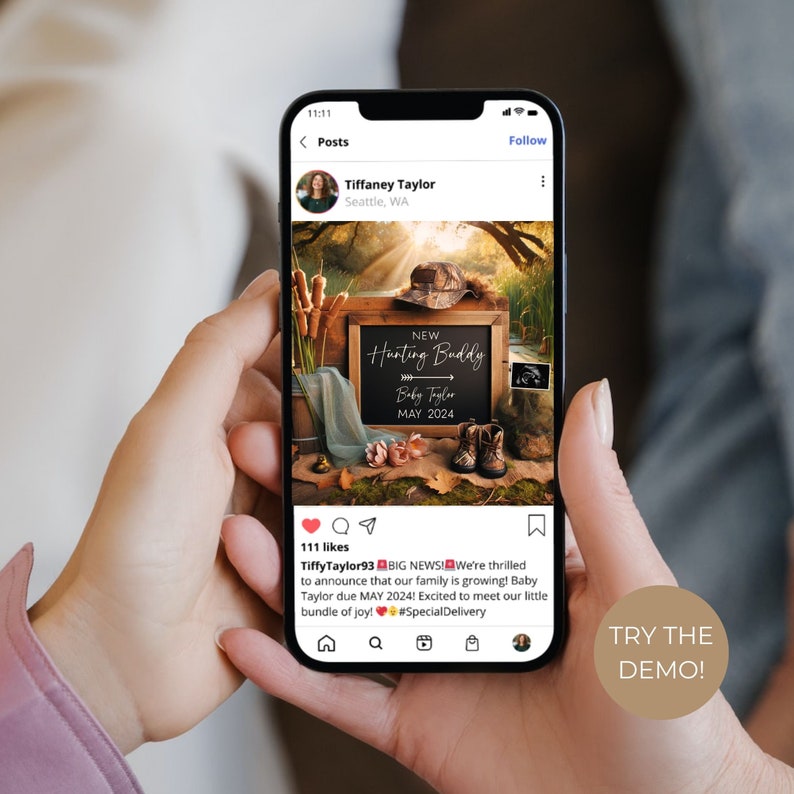 May include: A social media post announcing a new baby with a chalkboard sign that says "New Hunting Buddy Baby Taylor May 2024". The sign is surrounded by autumn foliage, a pair of baby boots, and a blue blanket. The post includes a heart, a comment bubble, and a paper aeroplane icon.