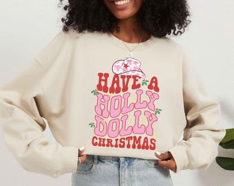 Dolly Christmas Sweatshirt Pink Holly Western XMas Tree Crewneck Western Christmas Gift for Friend