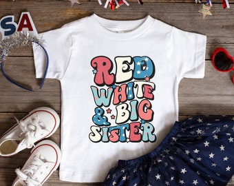 Camisa de hermana mayor del 4 de julio, traje de revelación de hermana mayor del 4 de julio, camiseta de anuncio de embarazo de hermanos, camiseta de revelación de género del Día de la Independencia