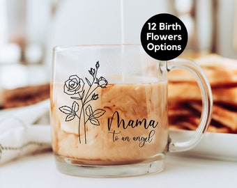 Tazza di vetro con scritta "Angel Mom", fiori di nascita personalizzati, regalo per la perdita del bambino, regalo per la nascita morta, regalo per la festa della mamma, tazza per la perdita del bambino, ricordo della perdita della gravidanza