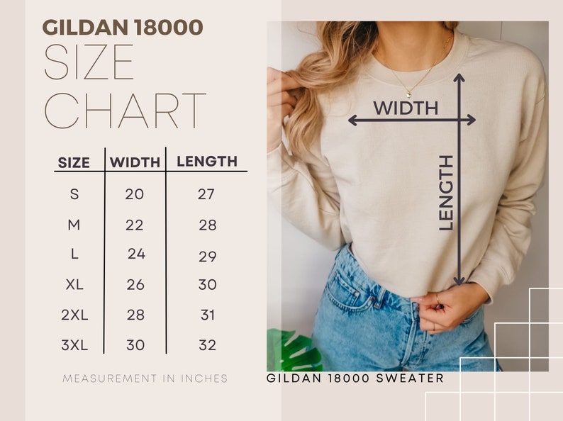 May include: Size chart for Gildan 18000 sweaters, showing width and length measurements in inches for sizes S to 3XL.