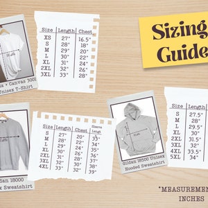 May include: Sizing guide for unisex t-shirts and sweatshirts. The chart shows measurements in inches for different sizes, including chest, length, and sleeve length.