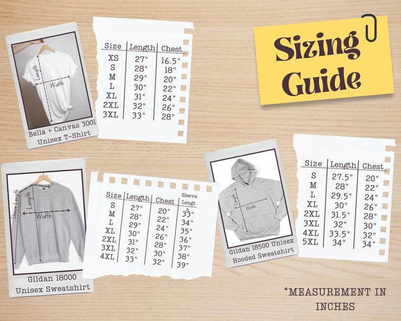 May include: Sizing guide for unisex t-shirts and sweatshirts. The chart shows measurements in inches for different sizes, including chest, length, and sleeve length.