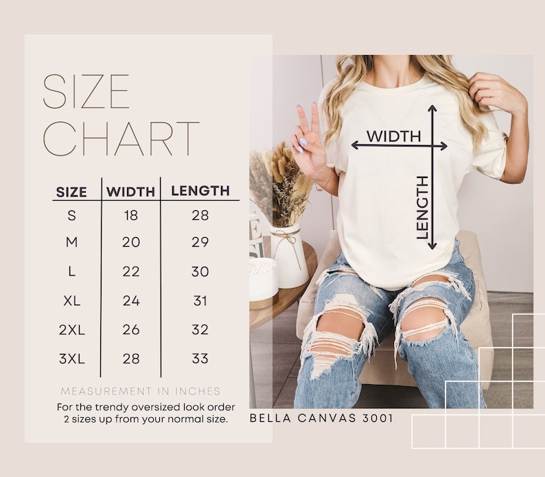 以下が含まれることがあります： クリーム色のTシャツ。サイズチャートには、幅と長さの測定値がインチで表示されています。サイズはSから3XLまで。Tシャツのテキストは「BELLA CANVAS 3001」です。