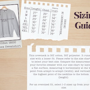 May include: A light gray Gildan 18000 unisex sweatshirt with a sizing guide. The guide provides measurements in inches for length, chest, and sleeve length, ranging from size small to 4XL. The text states the sweatshirt is 50% cotton and 50% polyester.