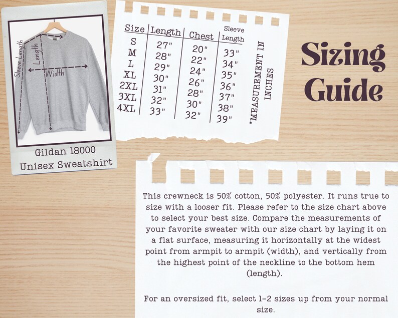 May include: A light gray Gildan 18000 unisex sweatshirt with a sizing guide. The guide provides measurements in inches for length, chest, and sleeve length, ranging from size small to 4XL. The text states the sweatshirt is 50% cotton and 50% polyester.