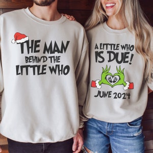 Grinchmas Couples Ciąża Bluza z kapturem Boże Narodzenie Święta Ujawnienie Płci Prezent dla Oczekujących Pasujący Baby Shower Okrągły Dekolt