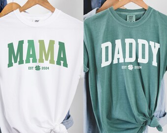Personalized Mama Daddy Est Year Comfort Color Shirts Matching Saint Patrick's Day Outfit for Couple, St Paddy Reveal Gift for Expecting