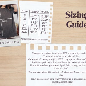 May include: Sizing guide for unisex t-shirts. The chart shows sizes from S to 3XL with corresponding length and width measurements in inches. The text describes the shirts as heavyweight, 100% ring spun ultra soft cotton with a relaxed fit.  "Comfort Colors 1717" is printed at the bottom of the chart.