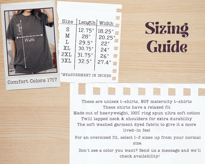May include: Sizing guide for unisex t-shirts. The chart shows sizes from S to 3XL with corresponding length and width measurements in inches. The text describes the shirts as heavyweight, 100% ring spun ultra soft cotton with a relaxed fit.  "Comfort Colors 1717" is printed at the bottom of the chart.