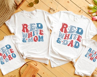 Rood Wit en twee bijpassende familieshirts, 4 juli 2e verjaardag outfit, vierde juli tweede verjaardag peuter Tee, bijpassende mama en papa Tee