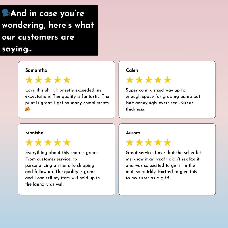 May include: Four customer reviews with five-star ratings for a shop. The reviews highlight the quality of the products, the customer service, and the fast shipping. The reviews are from Samantha, Calen, Monisha, and Aurora.