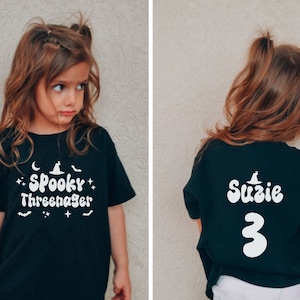 Personalized Three Year Old Halloween Birthday Shirt Custom Spooky Threenager Party Tee 3rd Halloween Kid Shirt Baby Kids Toddler Outfit