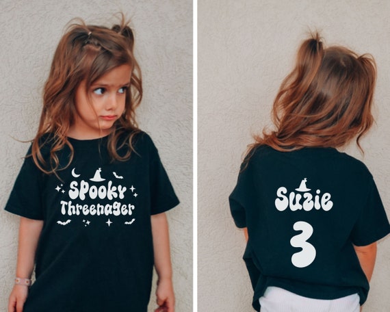 Personalized Three Year Old Halloween Birthday Shirt Custom Spooky Threenager Party Tee 3rd Halloween Kid Shirt Baby Kids Toddler Outfit