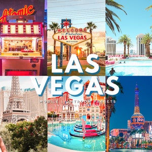 May include: A collage of images showcasing the city of Las Vegas, Nevada. The images include a vintage jukebox, a welcome sign, a pool, a gondola ride, and the Eiffel Tower replica. The text "Las Vegas" is written in large, bold, blue letters across the center of the image. The text "Mobile Lightroom Presets" is written in smaller letters below the city name.