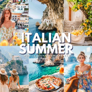 以下が含まれることがあります： 「イタリアンサマー」と呼ばれるモバイル版Lightroomプリセットのセット。花柄のドレスを着た女性、ボートに乗った花柄のドレスを着た女性、ピザ、レモンの木、イタリアの町の景色など、さまざまな画像のコラージュです。