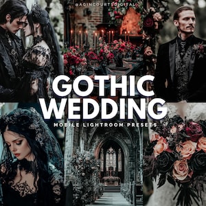 May include: A set of mobile Lightroom presets for editing photos in a gothic wedding theme. The presets are designed to create a dark and moody aesthetic, with rich colors and dramatic lighting. The image shows a couple in black clothing, a bouquet of dark flowers, and a gothic church.