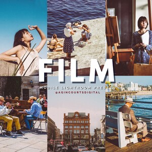 May include: A collage of images showcasing different scenes and styles, with the word "FILM" in large white letters and the text "MOBILE LIGHTROOM PRESETS @AGINCOURTSDIGITAL" below. The images include a woman in a white dress, a woman in a blue dress, a man playing a trumpet, a man sitting on a bench, and a building with a clock tower.