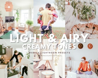 Puede incluir: Un collage de imágenes que muestran un paquete de ajustes preestablecidos de Lightroom móvil llamado "Light & Airy Creamy Tones" de Agincourts Digital. Las imágenes presentan una variedad de escenas, que incluyen una familia en un campo, una cocina, un dormitorio y una mesa con una tarta.