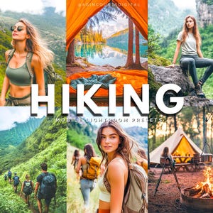May include: A collage of images featuring people hiking and camping. The word "HIKING" is displayed in large white letters. The images show outdoor scenes with mountains, tents, and campfires. The text "MOBILE LIGHTROOM PRESETS" is also visible.