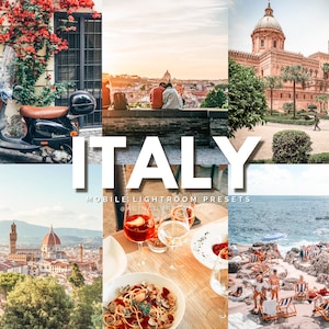Könnte beinhalten: Eine Collage von Bildern, die die Schönheit Italiens zeigen. Die Bilder zeigen einen Roller, der vor einem Gebäude mit roten Blumen geparkt ist, ein Paar, das auf einer Steinmauer sitzt und auf eine Stadt blickt, eine Kirche mit einem hohen Kirchturm, eine Stadtlandschaft mit einem kuppelförmigen Gebäude und eine Strandszene mit Menschen, die sich auf Liegestühlen entspannen.