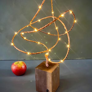 Handcrafted Copper Wire Modern Abstract Table Light – (3”x3”x3”) Walnut Wood Base.