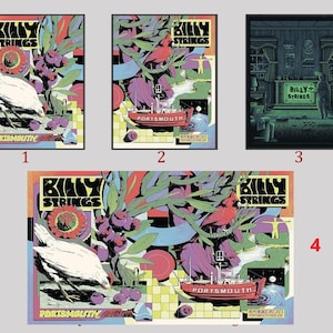 May include: Four posters featuring the text Billy Strings and Portsmouth. The designs include a white chicken, a red bird, a red ship, and a dark green interior scene with a television set. The artwork uses vibrant colors and geometric patterns.