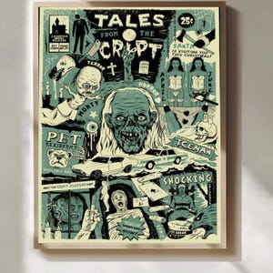 Puede incluir: Un póster rectangular con un diseño de portada de cómic de Tales from the Crypt en tonos negro, blanco y verde pálido. La obra incluye una figura central similar a una calavera, varias ilustraciones de terror y elementos de texto.