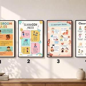 May include: Four rectangular wall posters labeled Classroom Rules, each featuring colorful illustrations of children and instructional text. The posters are displayed in black frames, showcasing various behavioral guidelines for a school setting.