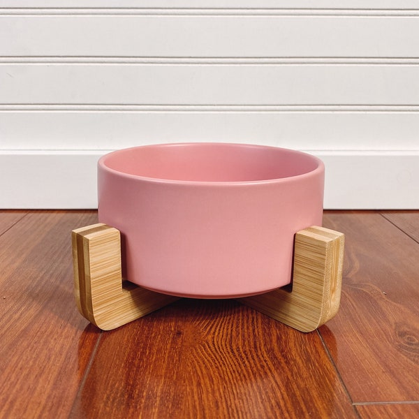 Modern Ceramic Pet Bowl with Raised Wood Stand - Pink Dog and Cat Food Bowl - Matte Ceramic - Minimalistic Pet Bowls - Dog Mom Gift