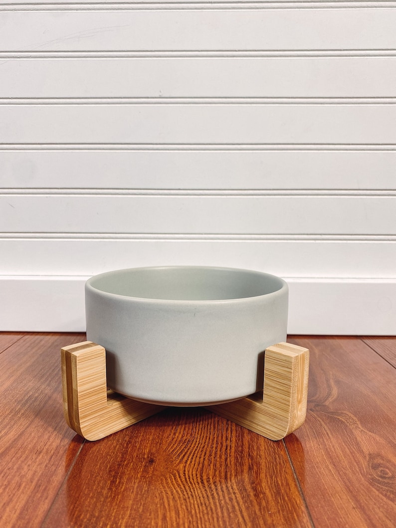 Modern Ceramic Pet Bowl With Raised Wood Stand Teal Dog and Cat Food