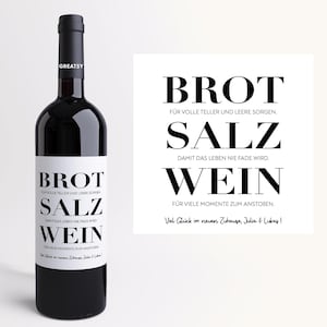 Brot, Salz & Wein Geschenk zum Einzug personalisiert | Weinetikett Umzug neues Zuhause | Geschenk zum Richtfest mit Wunschtext