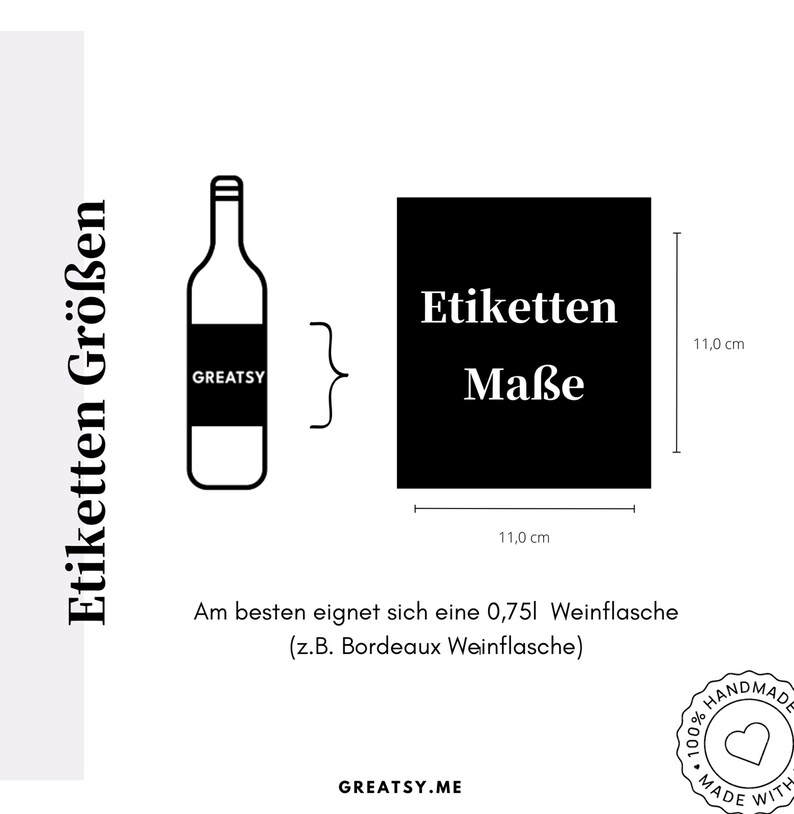 Peut inclure: Illustration en noir et blanc d'un mod&egrave;le d'&eacute;tiquette de bouteille de vin avec le texte "Etiketten Ma&szlig;e" et des mesures en centim&egrave;tres. L'&eacute;tiquette mesure 11 centim&egrave;tres sur 11 centim&egrave;tres.